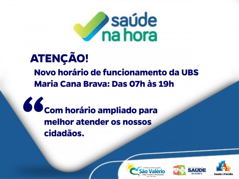 Secretaria de Saúde Anuncia Novo Horário de Funcionamento da UBS de São Valério.