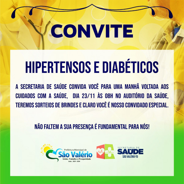 A Secretaria de Saúde Convida Diabéticos e Hipertensos Para Evento.